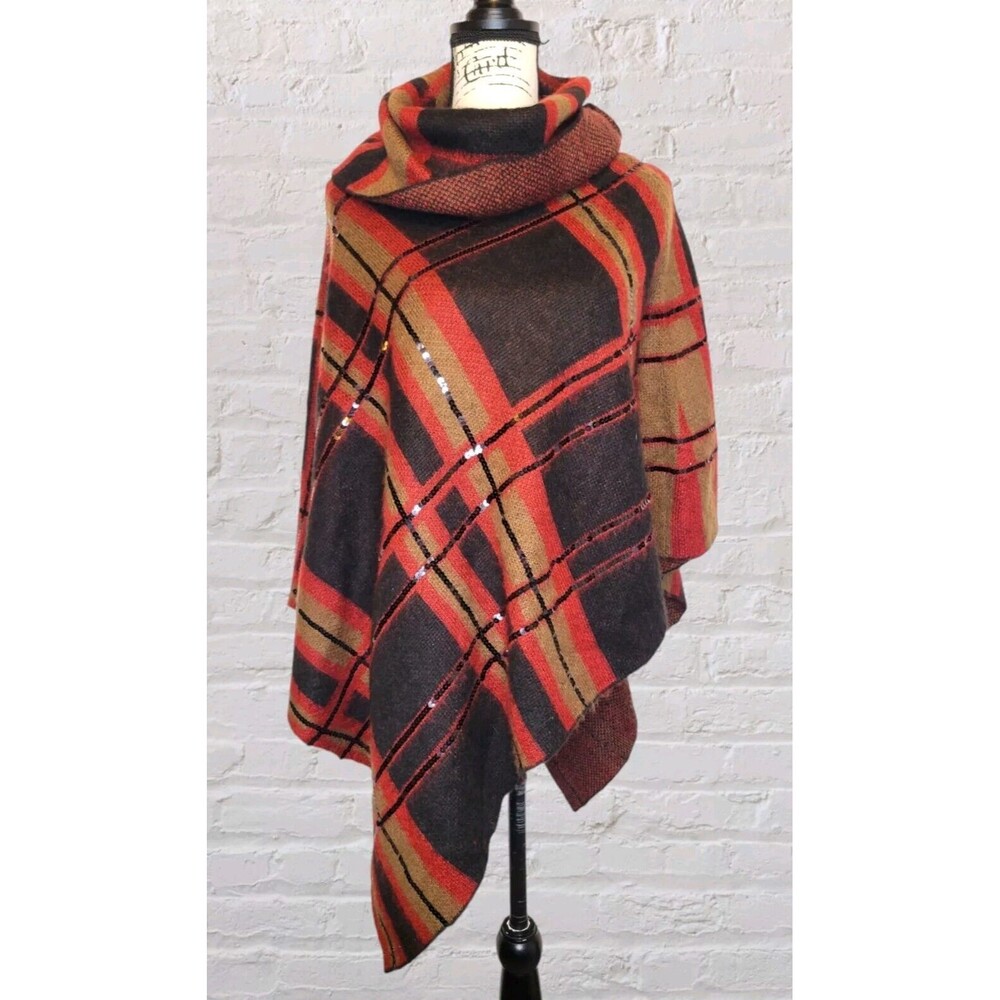 Chicos Plaid Poncho Cape S/M Brick Red Embellished Cowl Neck Holiday Sparkle